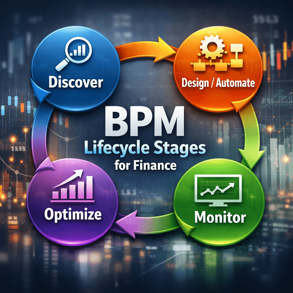 Business process management consulting infographic showing the BPM lifecycle stages for finance: discover, design/automate, monitor, and optimize.