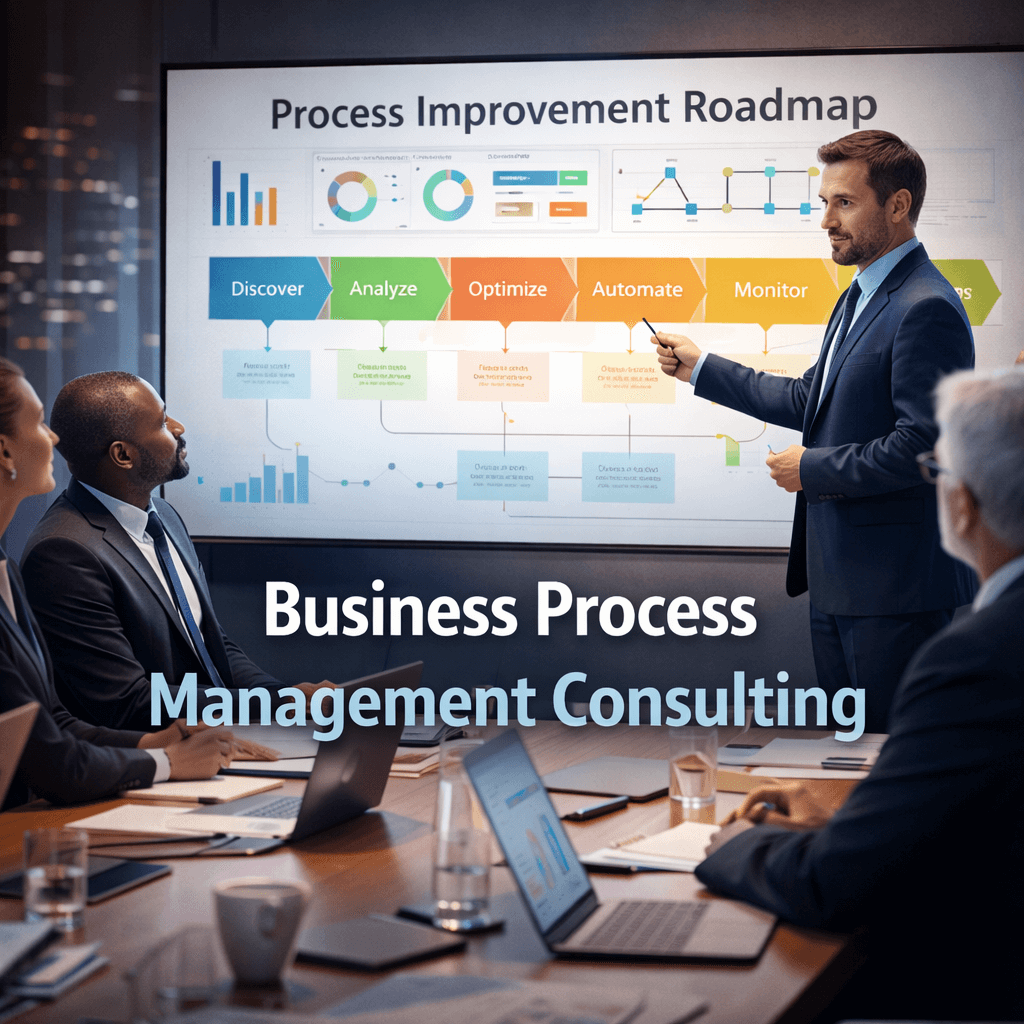 Business process management consulting expert presenting workflow improvement strategy to finance leadership in a boardroom.