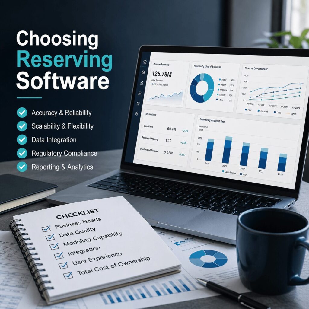Infographic showing the key factors to evaluate when selecting insurance reserving software for GCC insurers, including IFRS 17 readiness, regulatory compliance, multi-currency support, integrations, audit trails, scalability, and stochastic modeling.