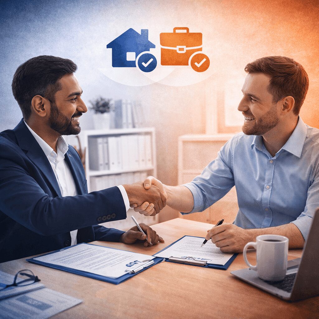 Outsourced vs in-house SOP review hybrid model showing consultant and internal team member collaborating and shaking hands over SOP documents