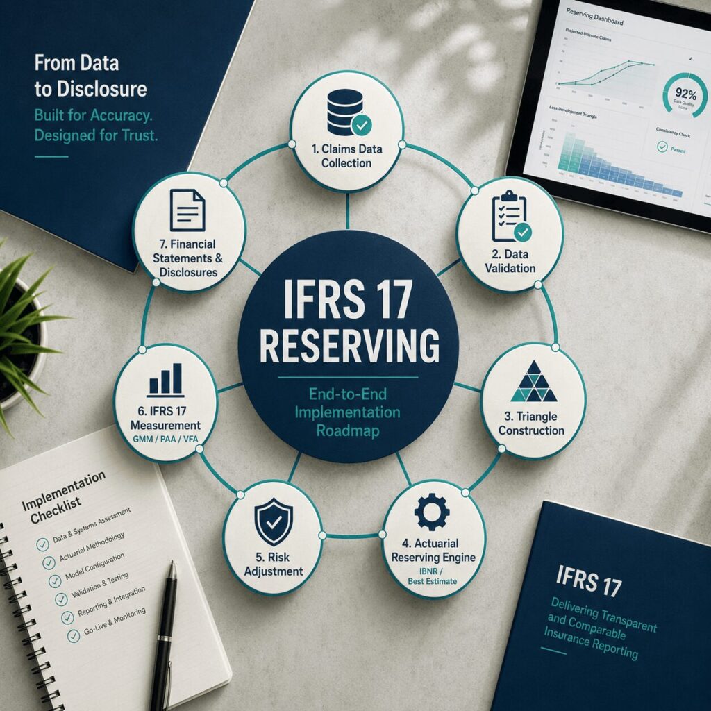 Circular workflow infographic of an actuarial reserving solution showing claims data collection, validation, triangle construction, reserving engine, risk adjustment, IFRS 17 measurement, and financial disclosures.
