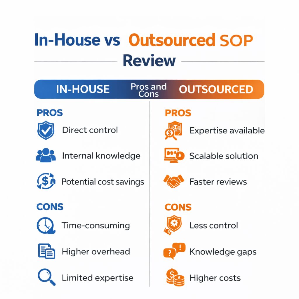 Outsourced vs in-house SOP review pros and cons infographic with clean two-column layout highlighting benefits and limitations of each approach