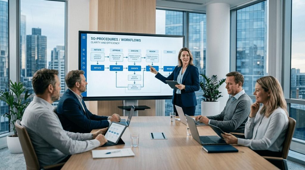 SOP review presentation showing clear process workflows and improved operational efficiency in a boardroom