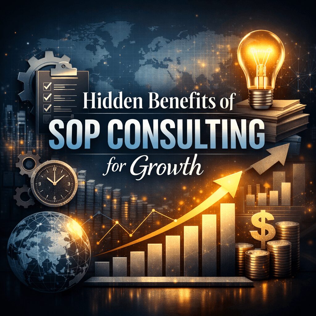 Hidden benefits of SOP consulting infographic showing business growth, process optimization, and efficiency improvement with structured systems