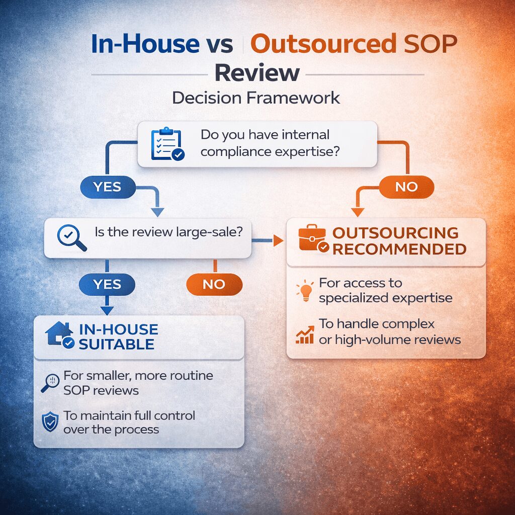 Outsourced vs in-house SOP review decision framework flowchart showing key questions like internal expertise and review scale for choosing the right approach