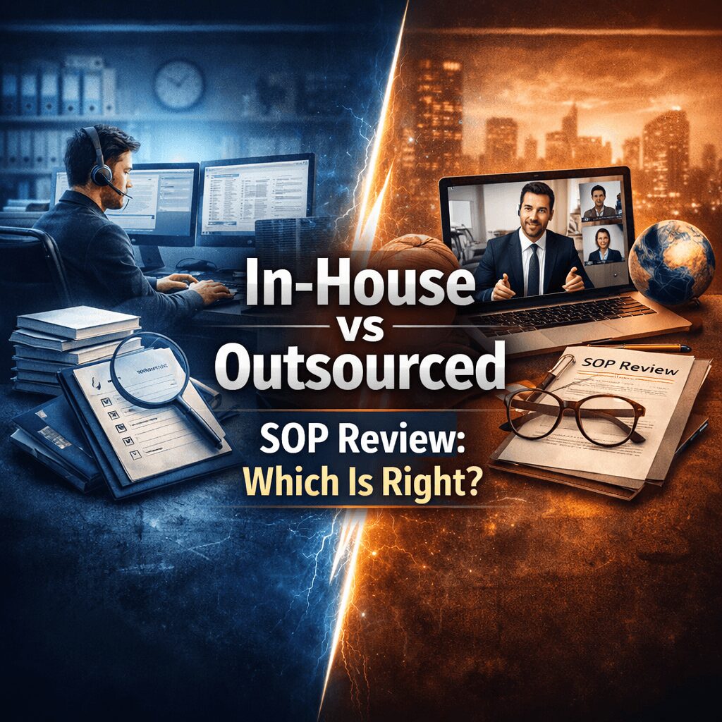 Outsourced vs in-house SOP review comparison showing internal team working at desk versus external consultants collaborating online in a professional split-screen design