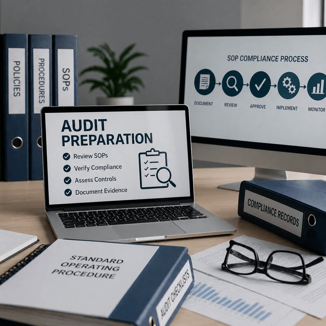 Audit preparation workspace with SOP compliance checklist on screen, organized binders, and documentation setup reflecting sop standardization consulting practices.
