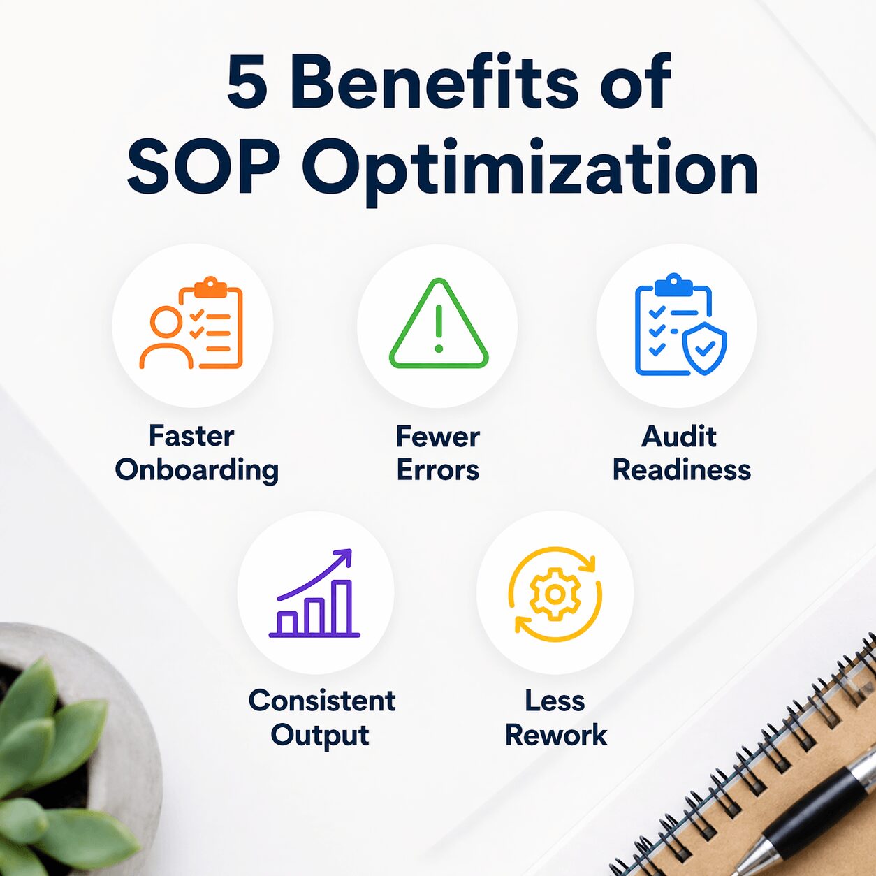 Clean standard operating procedure template mockup illustrating purpose, scope, responsibilities, steps, and review date for sop optimization consulting.