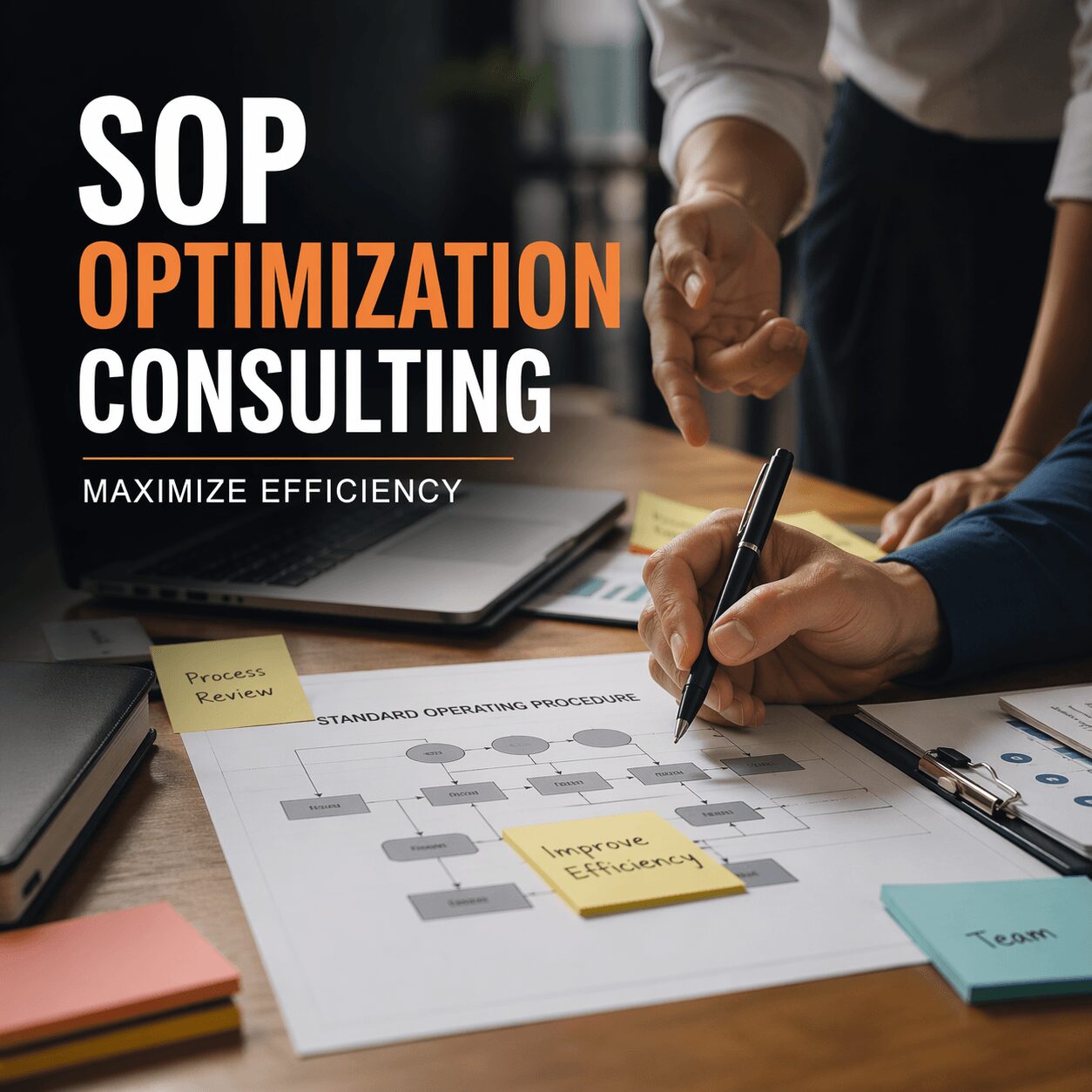 Infographic showing five benefits of sop optimization consulting, including faster onboarding, fewer errors, audit readiness, consistent output, and less rework.