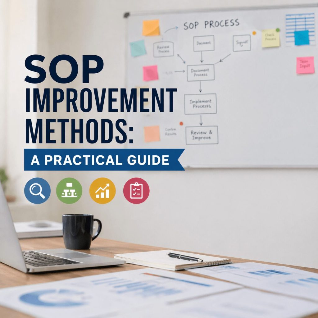 Modern office workspace with whiteboard process flow and desk setup illustrating sop improvement methods in a real business environment