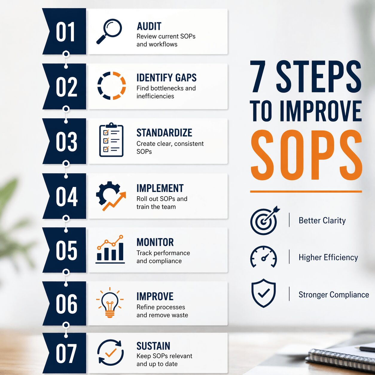 7-step vertical infographic showing sop improvement methods including audit, gap analysis, standardization, and monitoring