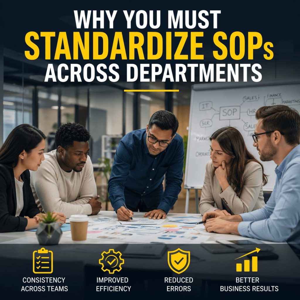Business team in office meeting reviewing documents and workflow charts about why companies should standardize SOP processes across departments for better results.