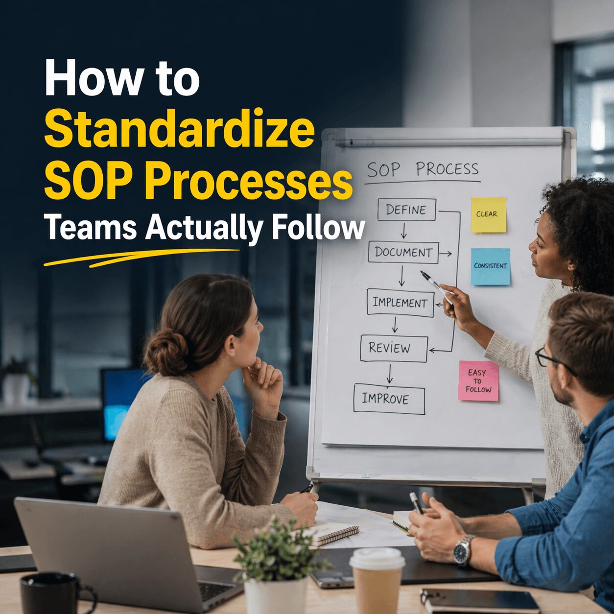Corporate team presenting workflow steps on whiteboard showing how to standardize SOP processes teams actually follow in daily operations.