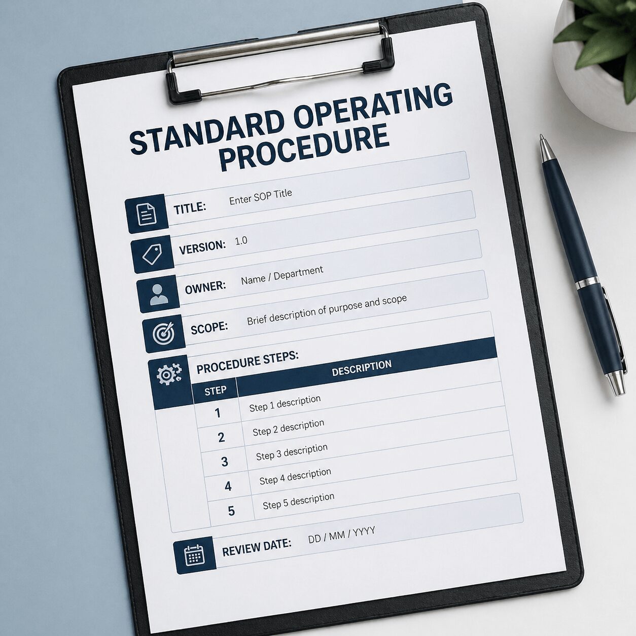 Clean SOP template layout showing title, version, owner, scope, and steps aligned with sop standardization best practices