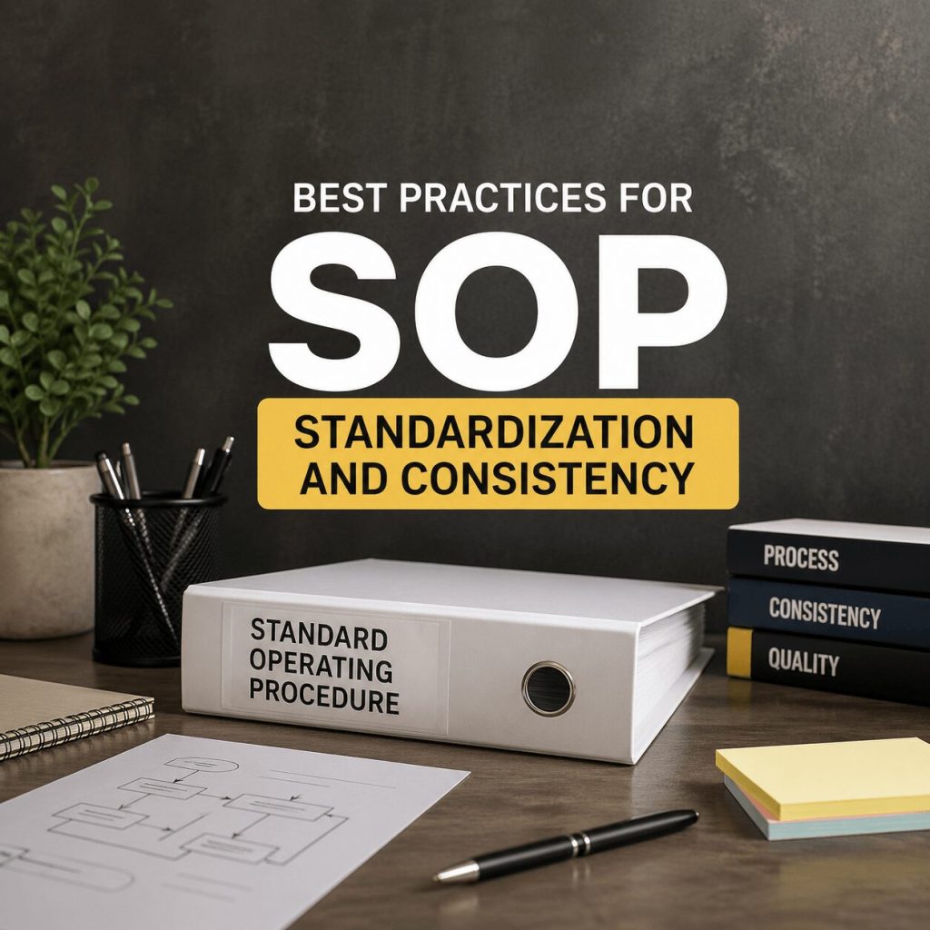 Professional office desk with SOP binder and documents representing sop standardization best practices in a real business environment