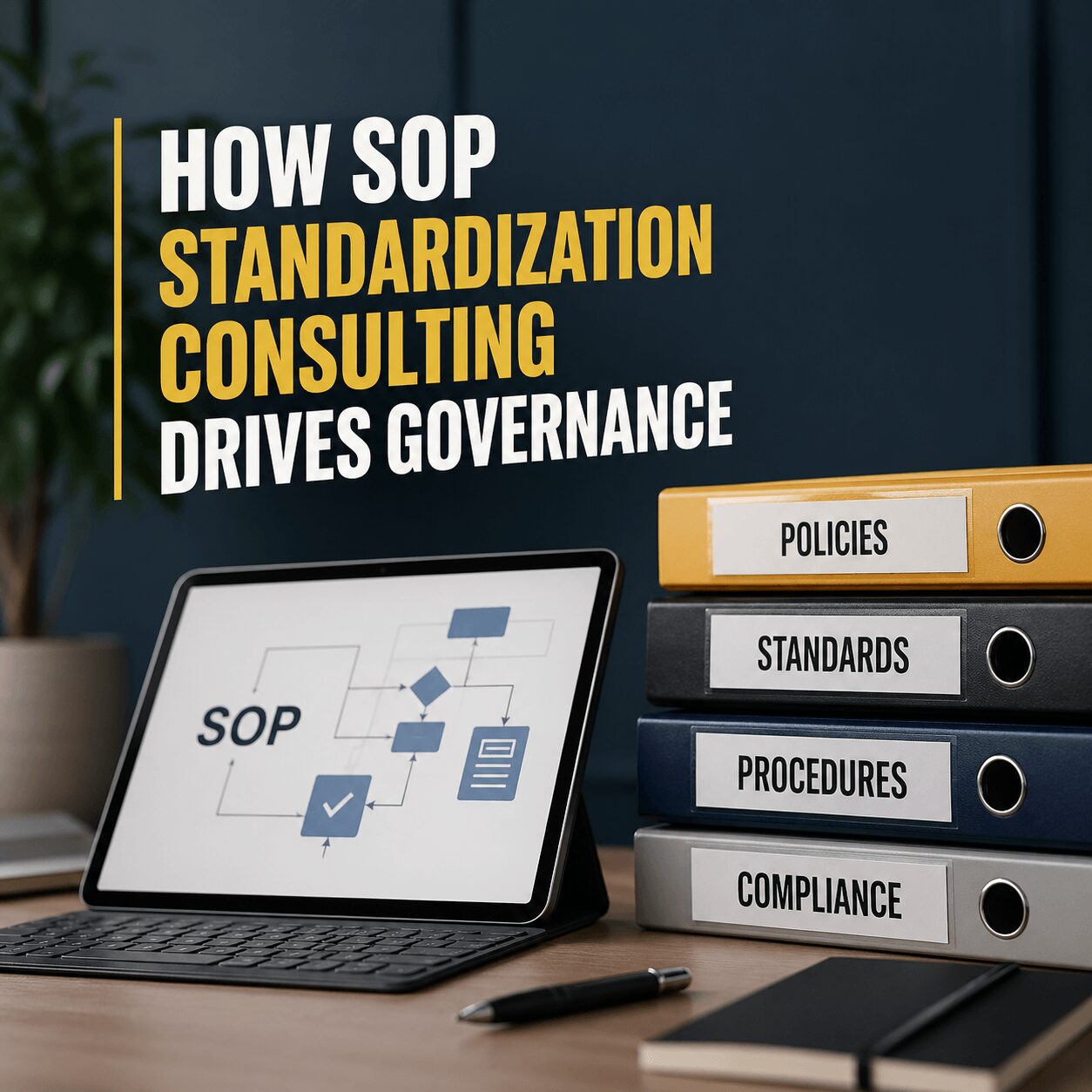 Professional office setup showing SOP workflow on screen with organized policy, standards, procedures, and compliance binders, representing sop standardization consulting.