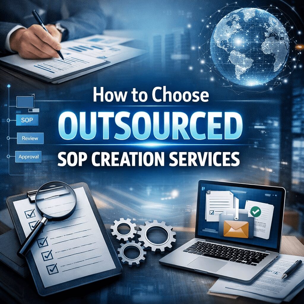 Professional infographic thumbnail with centered title “How to Choose Outsourced SOP Creation Services,” featuring business visuals like documents, checklist, magnifying glass, gears, and laptop, representing expert SOP creation services.