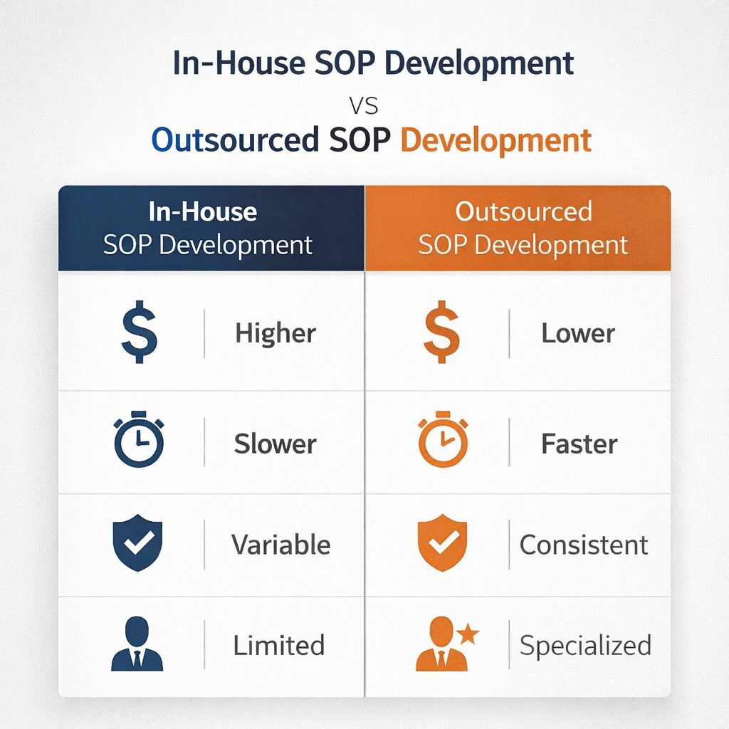 Outsourced vs in-house SOP development comparison table showing cost, speed, quality, and expertise differences