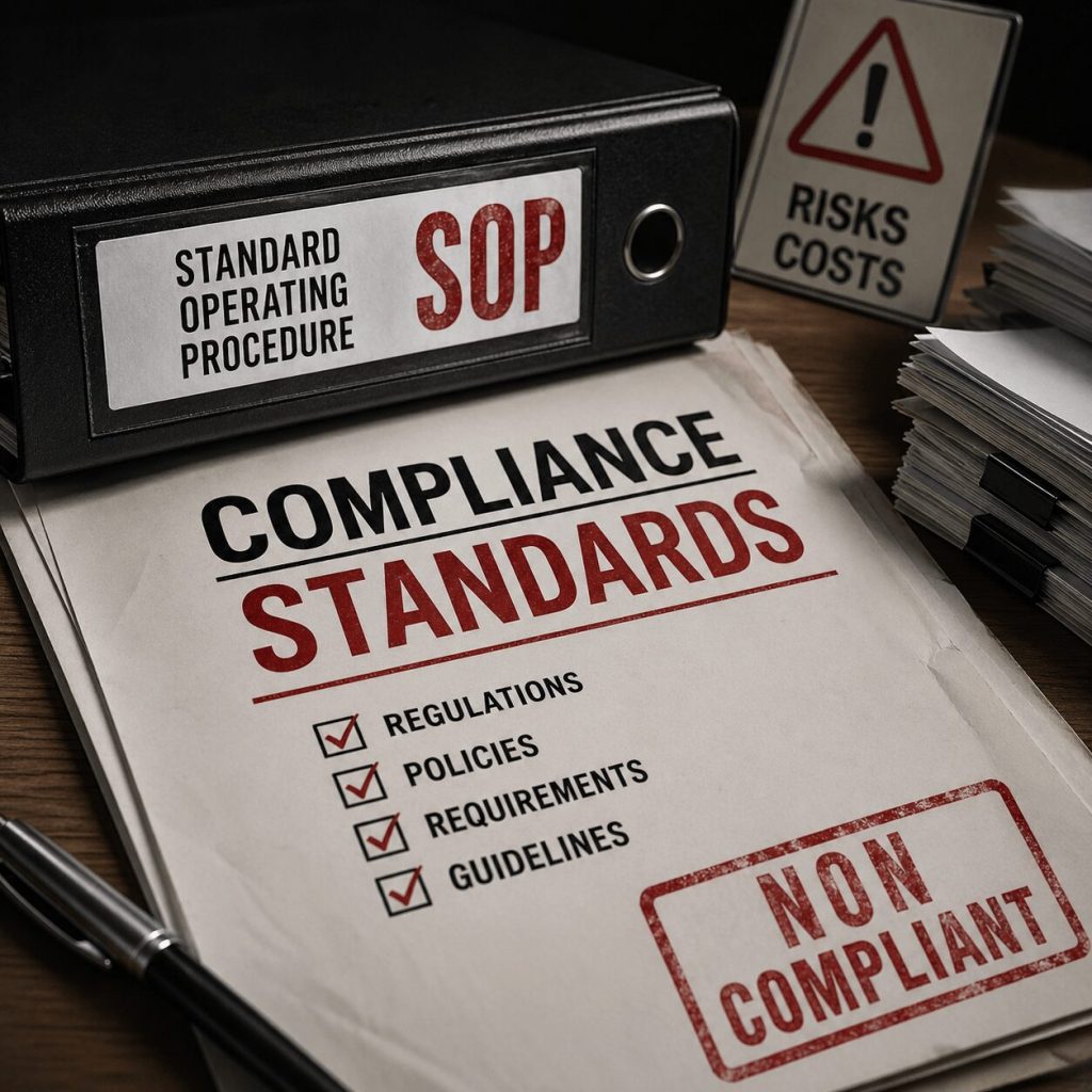 SOP compliance standards document on office desk with checklist, binder, and non-compliant stamp showing risks and costs of poor compliance.