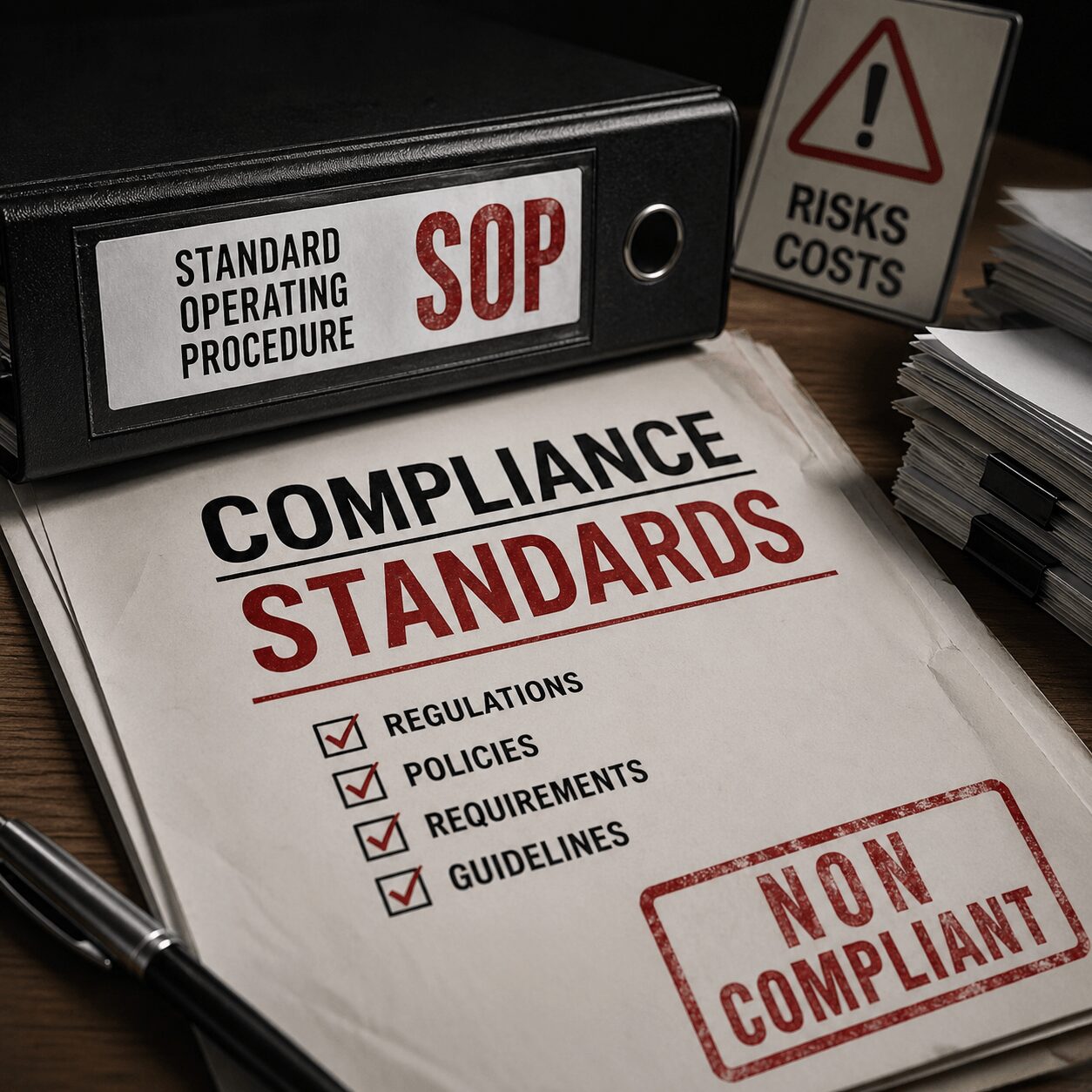 SOP compliance standards document on office desk with checklist, binder, and non-compliant stamp showing risks and costs of poor compliance.