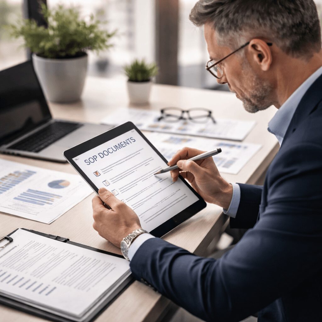 Professional consultant reviewing SOP documents on a tablet, representing outsourced vs in-house SOP consulting and expert advisory services in a modern office.