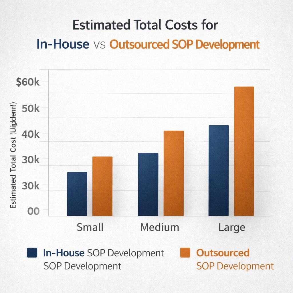 Outsourced vs in-house SOP development cost comparison bar chart for small medium and large businesses