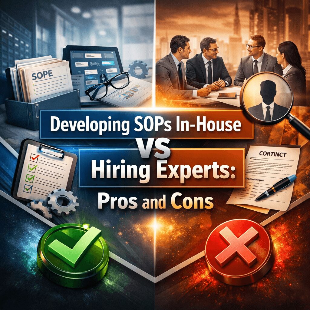 Outsourced vs in-house SOP development pros and cons comparison infographic with professional business visuals