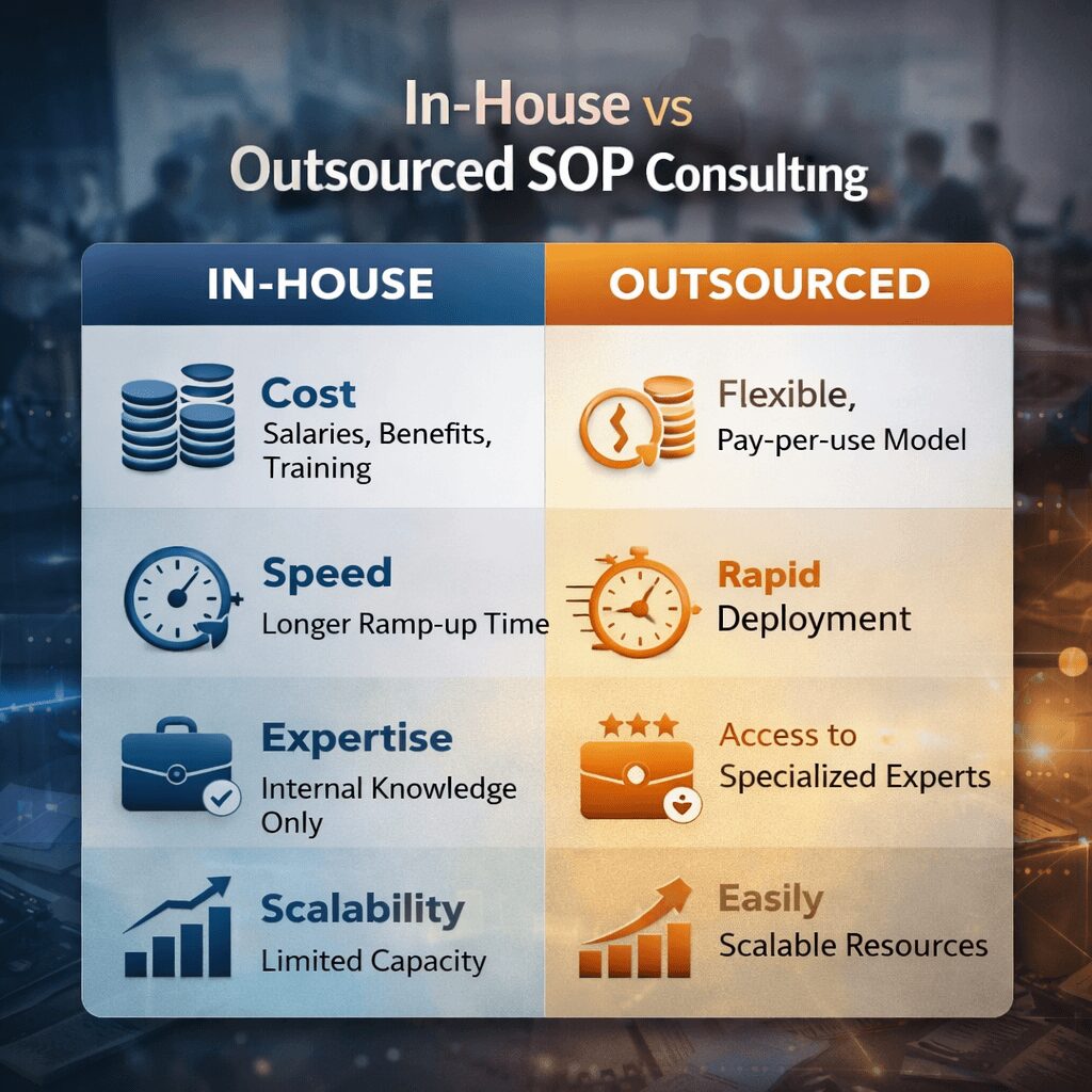 Infographic comparison chart showing outsourced vs in-house SOP consulting across cost, speed, expertise, and scalability in a professional layout.