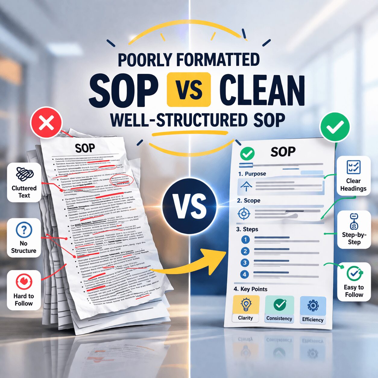 Side-by-side comparison of poorly formatted SOP and clean structured SOP highlighting benefits of sop creation services