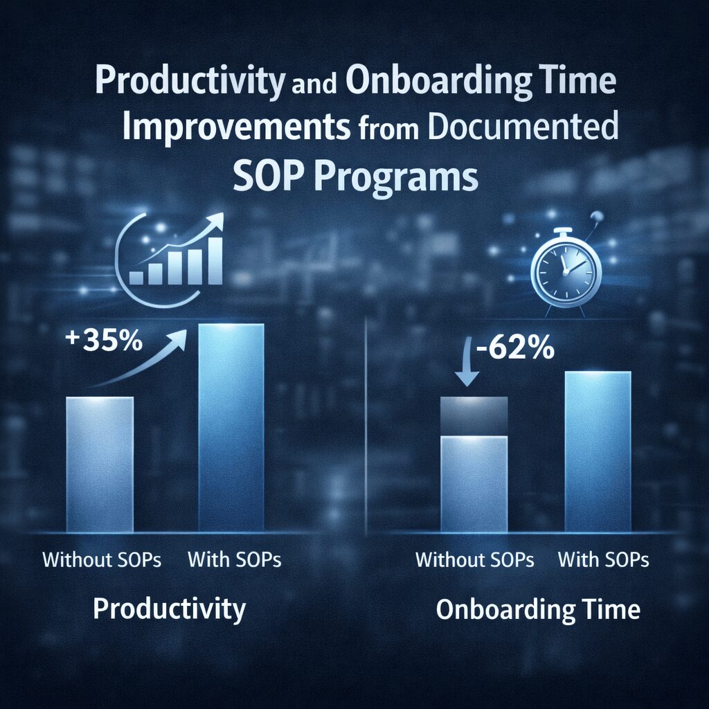 Bar chart showing productivity increase and reduced onboarding time after companies improve standard operating procedures