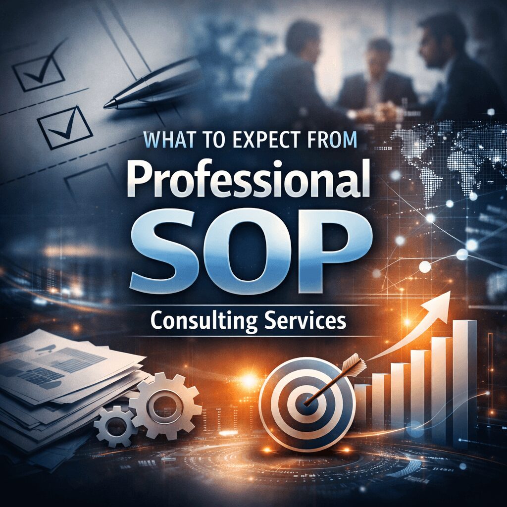 Professional infographic highlighting what to expect from outsourced vs in-house SOP consulting services, including strategy, process optimization, and expert guidance.