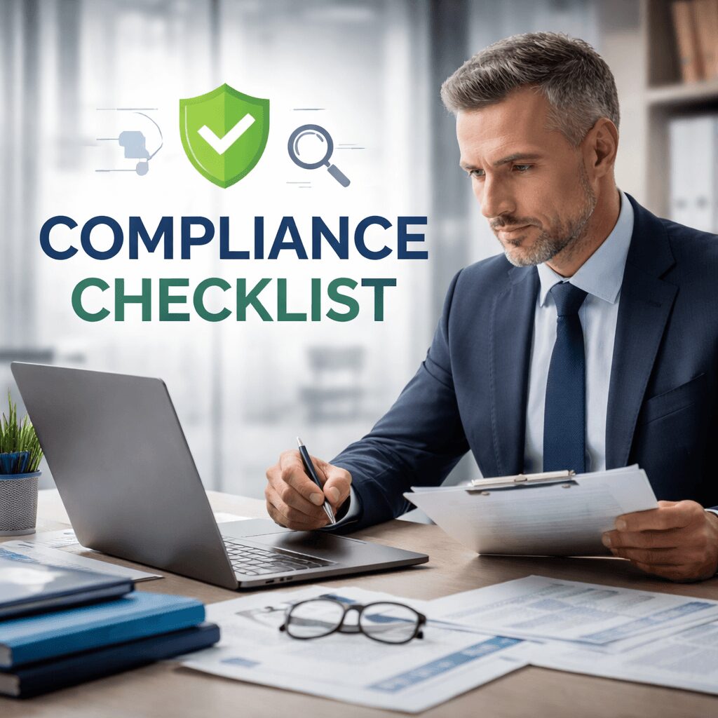 Professional reviewing a compliance checklist on a laptop with organized documents on a desk, representing structured processes and SOP consulting services