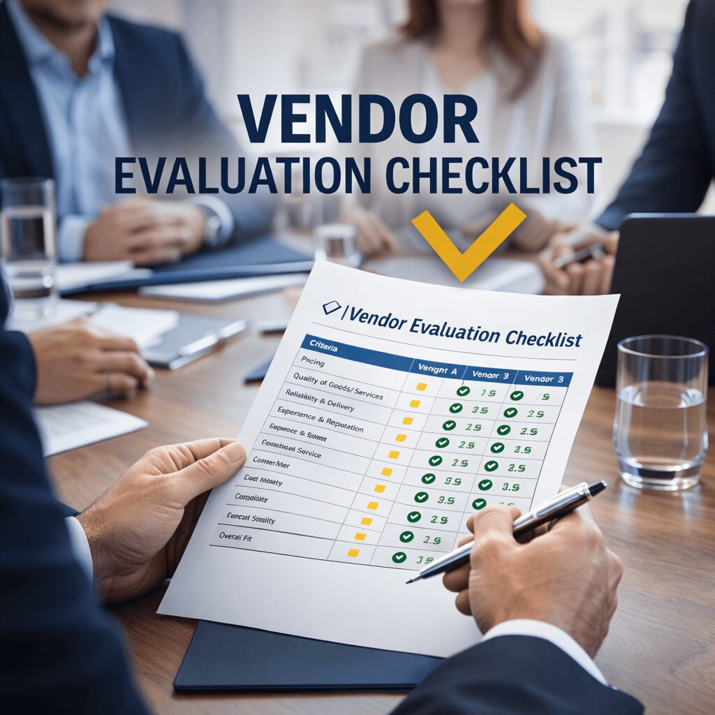 Professional business meeting showing decision-makers reviewing a vendor evaluation checklist, highlighting structured processes aligned with sop creation services.