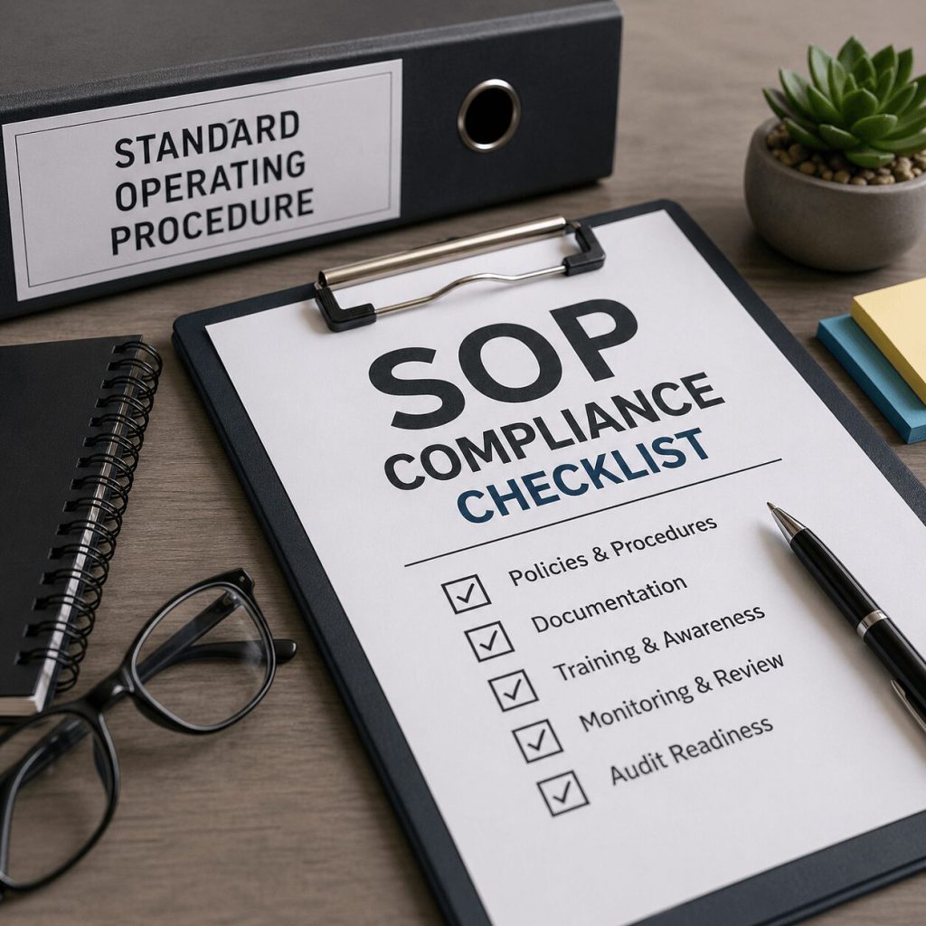 SOP compliance checklist on clipboard with binder, pen, and office desk setup showing audit readiness items