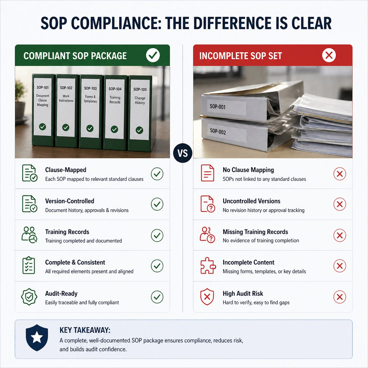 Comparison of compliant SOP package vs incomplete SOP set highlighting gaps and audit risks