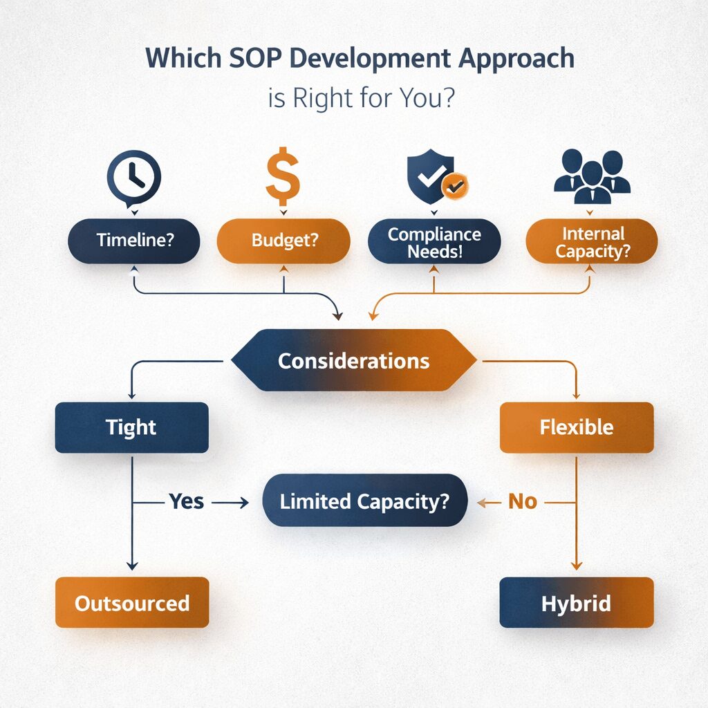 Outsourced vs in-house SOP development decision flowchart based on budget timeline compliance and internal capacity