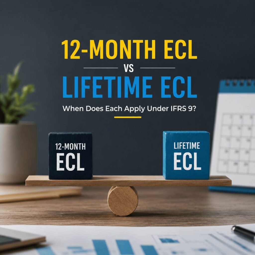 12-month ECL vs lifetime ECL infographic showing balanced comparison blocks on a desk under IFRS 9 with realistic corporate office background and financial risk concept.