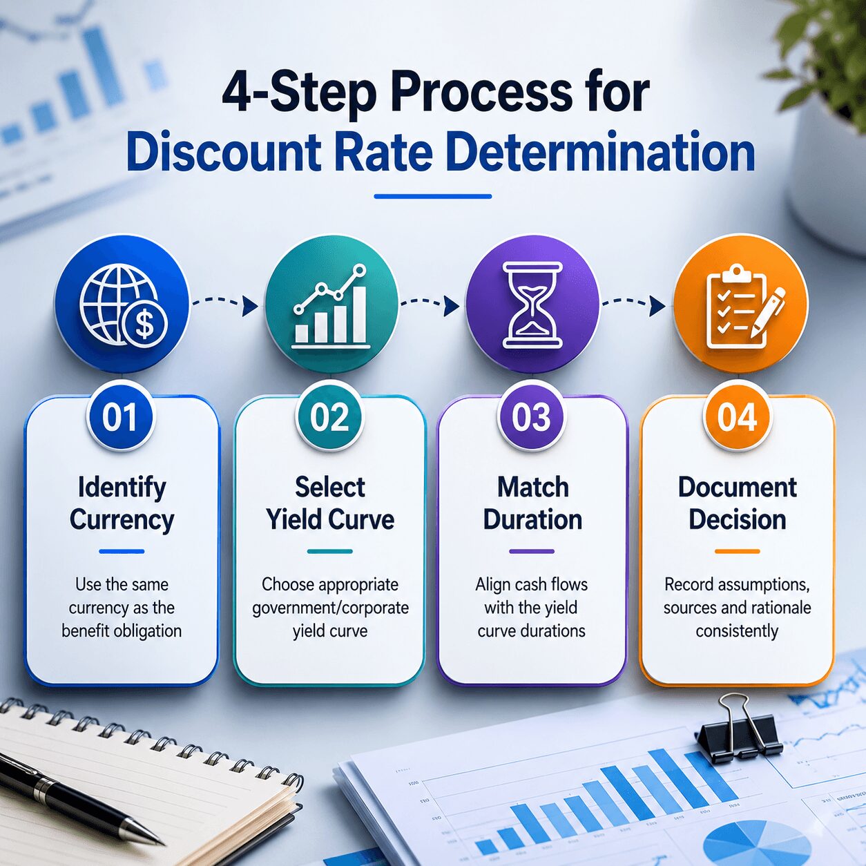 Four-step IAS 19 discount rate process infographic showing currency identification, yield curve selection, duration matching, and documentation requirements.