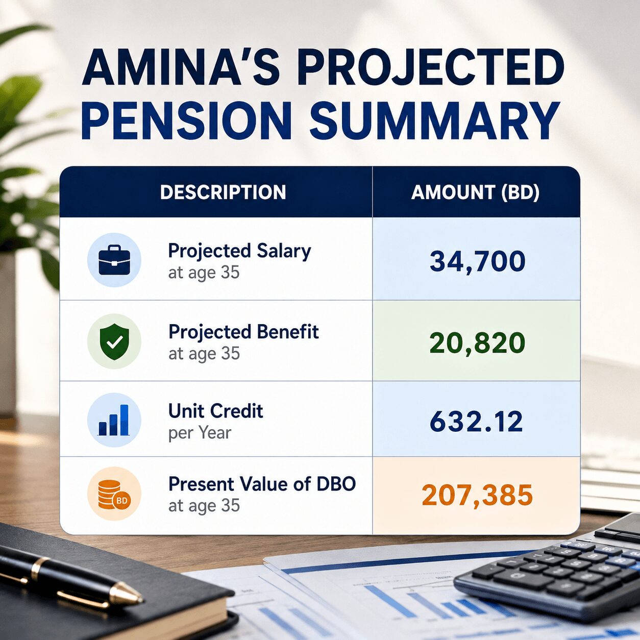 Infographic illustrating the projected unit credit method IAS 19, showing a timeline from the current valuation date to retirement, where a gross retirement benefit is discounted back to calculate the present value of the defined benefit obligation (DBO).