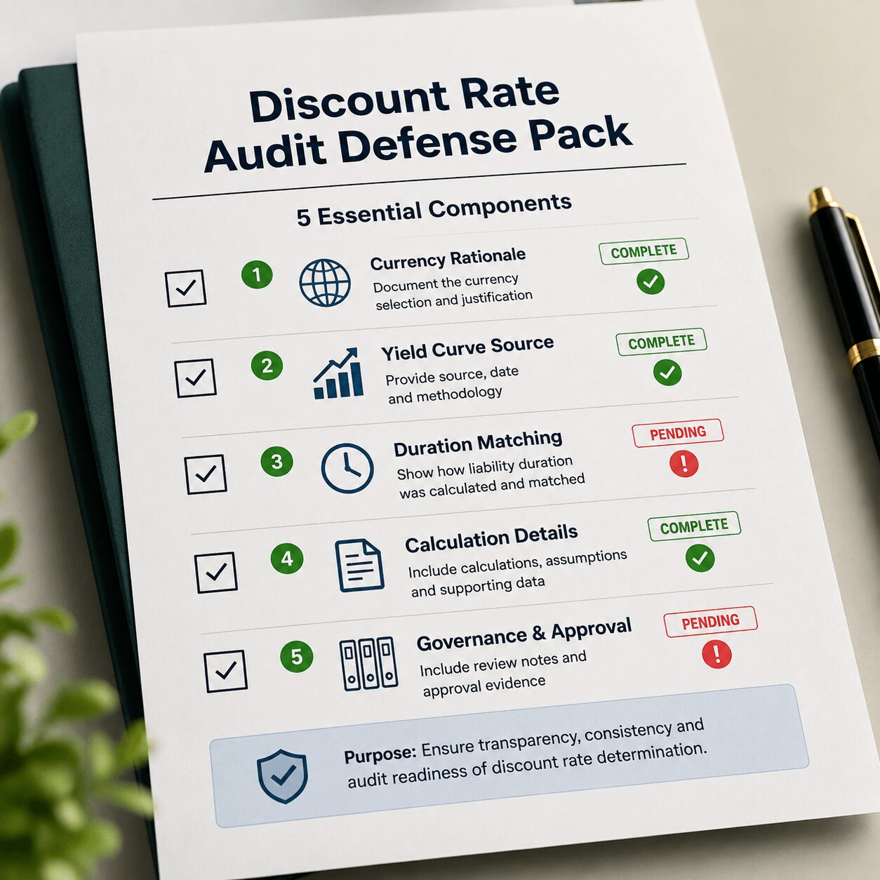 IAS 19 discount rate audit defense pack checklist featuring five documentation components with status indicators, including currency rationale, yield curve source, duration matching, calculations, and governance approvals.