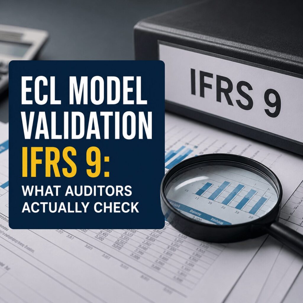 Professional finance-themed thumbnail for ecl model validation IFRS 9 featuring audit documents, financial charts, a magnifying glass, and an IFRS 9 binder representing auditor review and model governance checks.