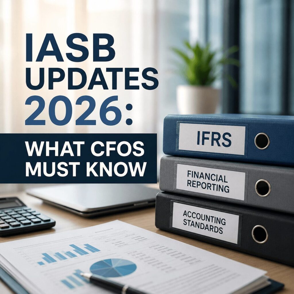 Professional office desk setup featuring IFRS binders, financial reports, calculator, and bold typography reading “IASB Updates 2026: What CFOs Must Know,” designed as a realistic corporate infographic thumbnail for LinkedIn and finance websites.