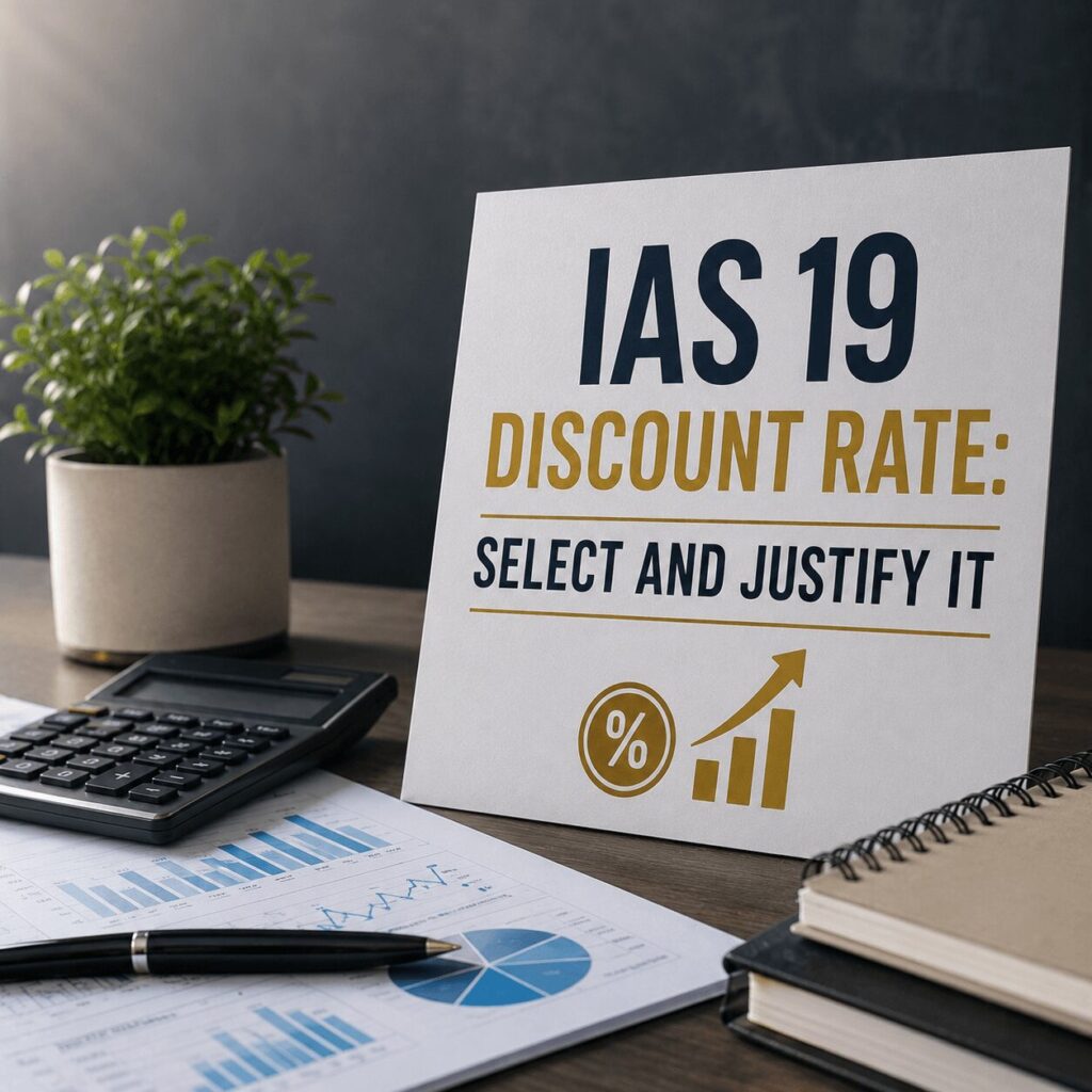 Professional finance-themed workspace featuring a document titled “IAS 19 Discount Rate: Select and Justify It” alongside charts, calculator, notebooks, and office desk accessories in a realistic corporate setting.