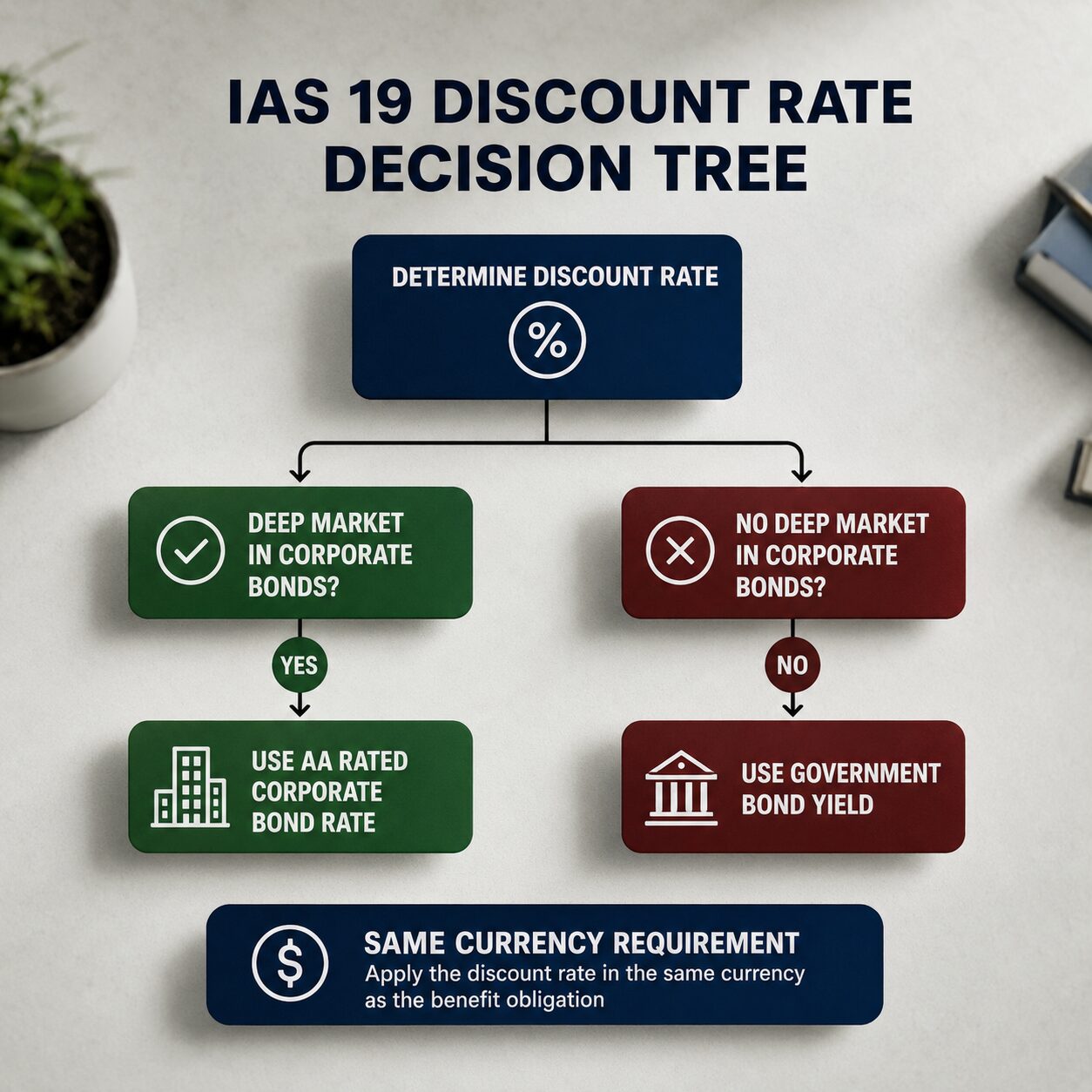 IAS 19 discount rate decision tree infographic showing how to select an AA-rated corporate bond rate or government bond yield based on market depth, with the same currency requirement highlighted.