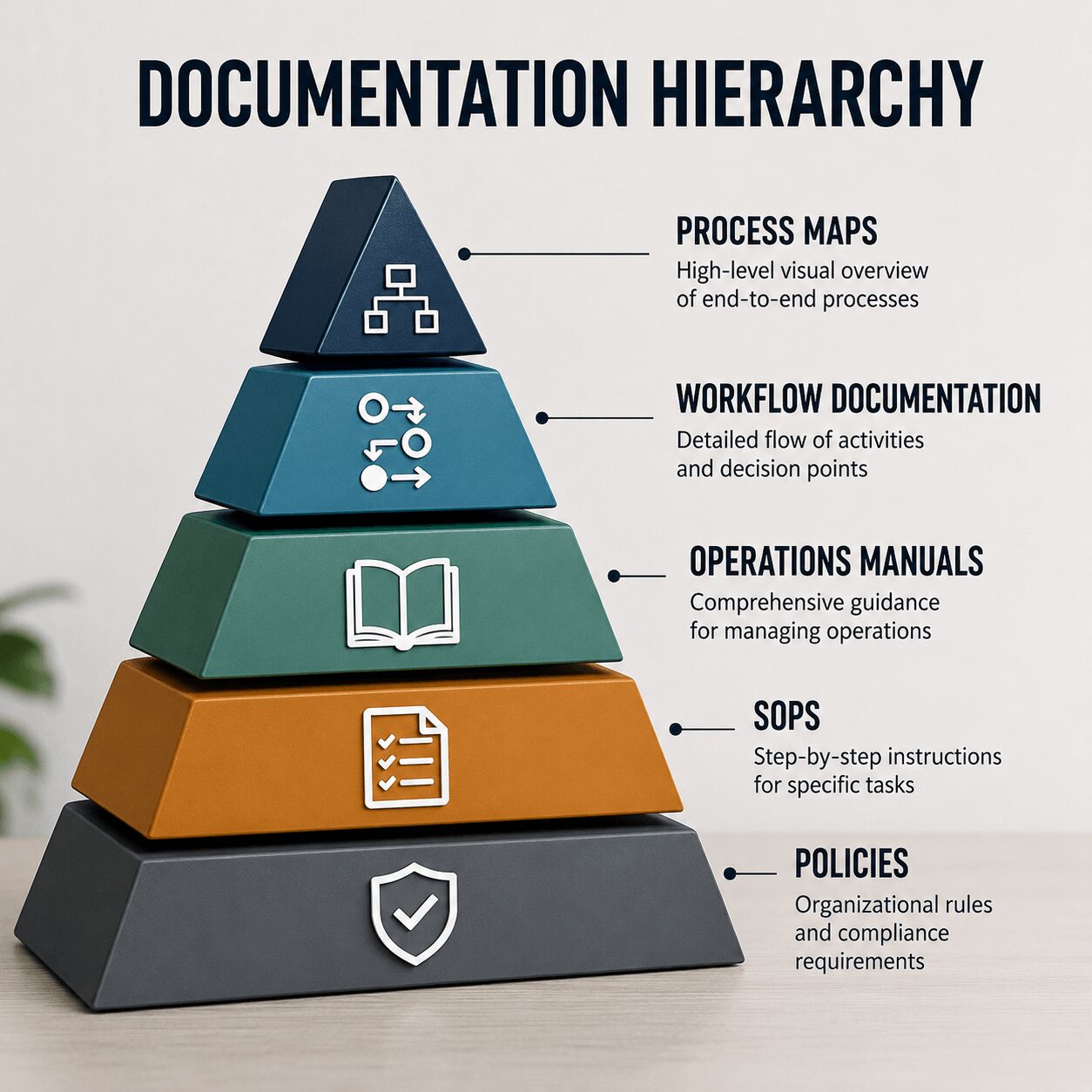 Infographic pyramid showing the hierarchy of documentation types including process maps, workflow documentation, operations manuals, SOPs, and policies as part of process documentation services.