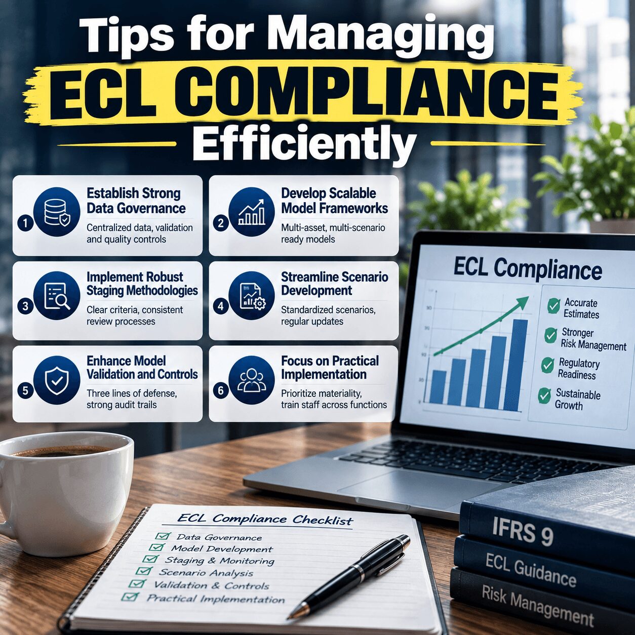 Expected Credit Loss IFRS 9 compliance checklist showing data governance, scalable models, staging, scenario development, validation, and practical implementation.