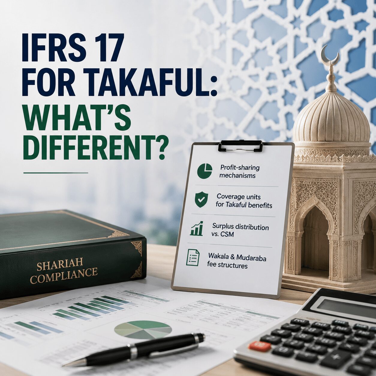 IFRS 17 vs IFRS 4 visual highlighting key Takaful reporting differences, including profit-sharing mechanisms, coverage units, surplus distribution, Wakala and Mudaraba fee structures, and Shariah compliance.