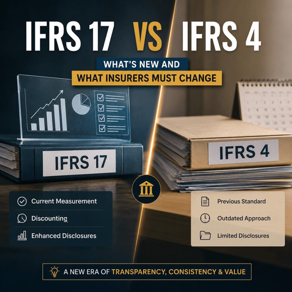 IFRS 17 vs IFRS 4 infographic comparing the key differences between insurance accounting standards, highlighting new measurement models, the Contractual Service Margin (CSM), and the operational changes insurers must implement.