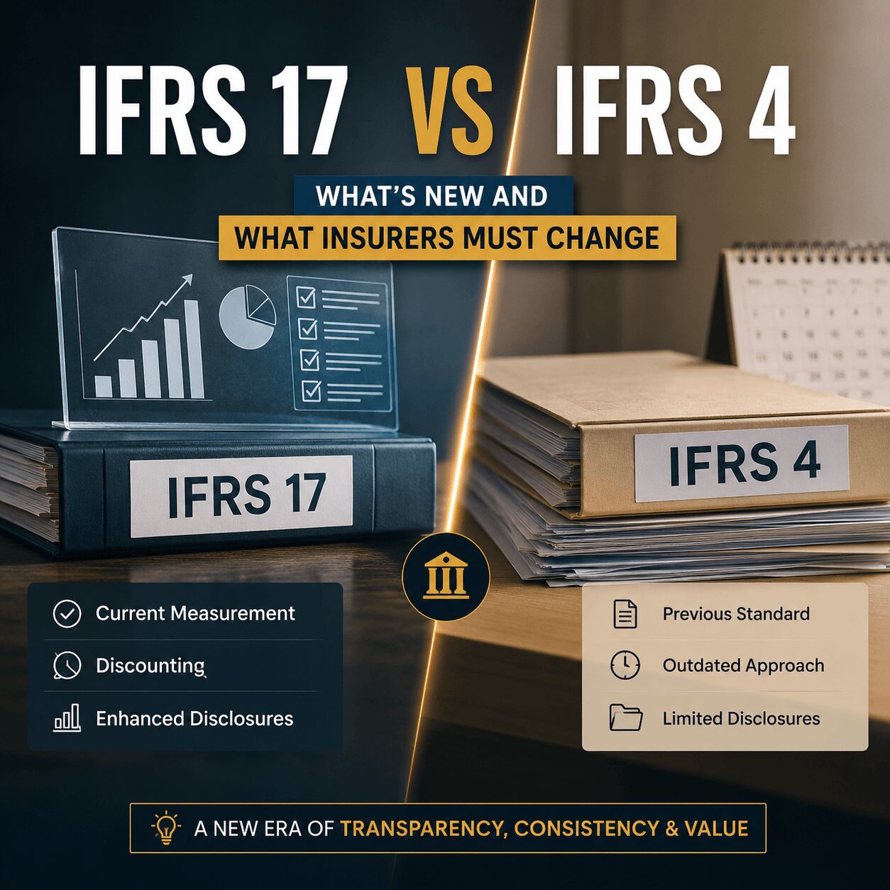 IFRS 17 vs IFRS 4 infographic comparing the key differences between insurance accounting standards, highlighting new measurement models, the Contractual Service Margin (CSM), and the operational changes insurers must implement.