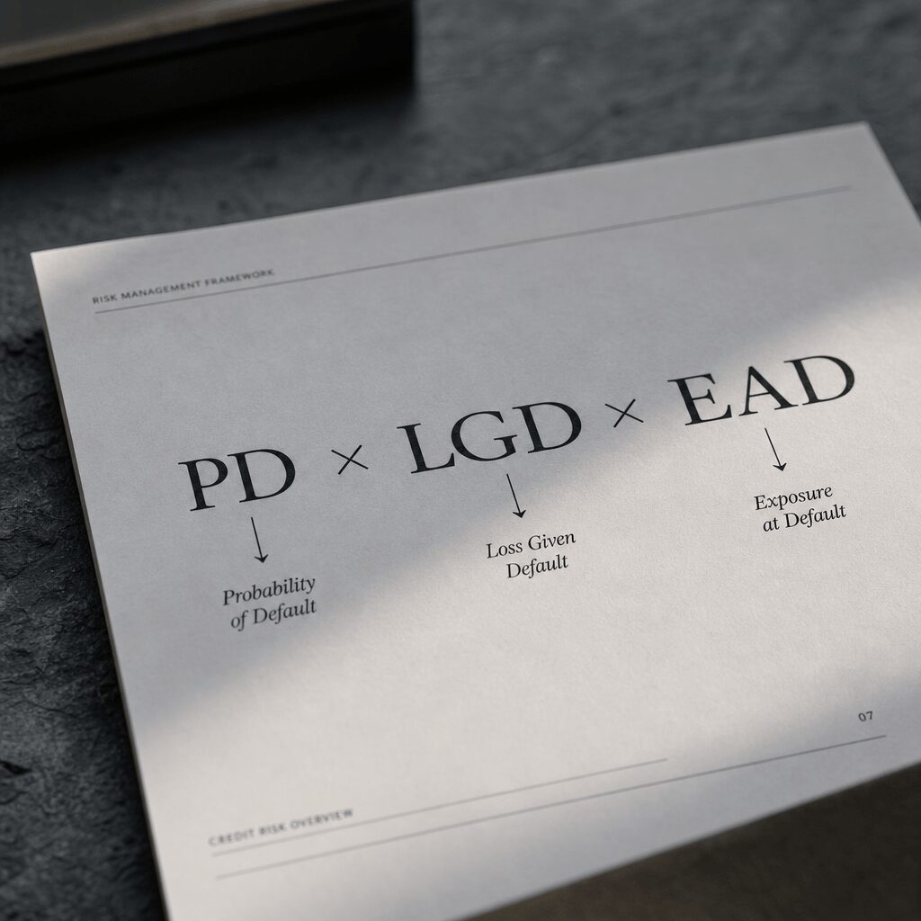 Financial formula infographic displaying PD × LGD × EAD with annotations for Probability of Default, Loss Given Default, and Exposure at Default on a professional document